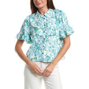 Cece Womens  Ruff Cuff Cropped Button Down Linen-Blend Shirt, White